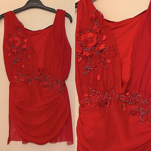 WEISSMAN Balera solo custom Dance costume red Mesh Overlay Dress D12770 LC child - Picture 1 of 15